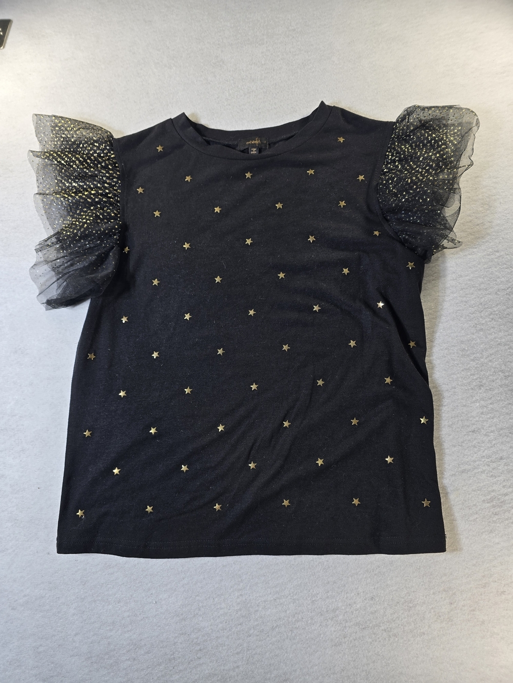 Women's Black Tee with Gold Star Print and Ruffle Sleeves